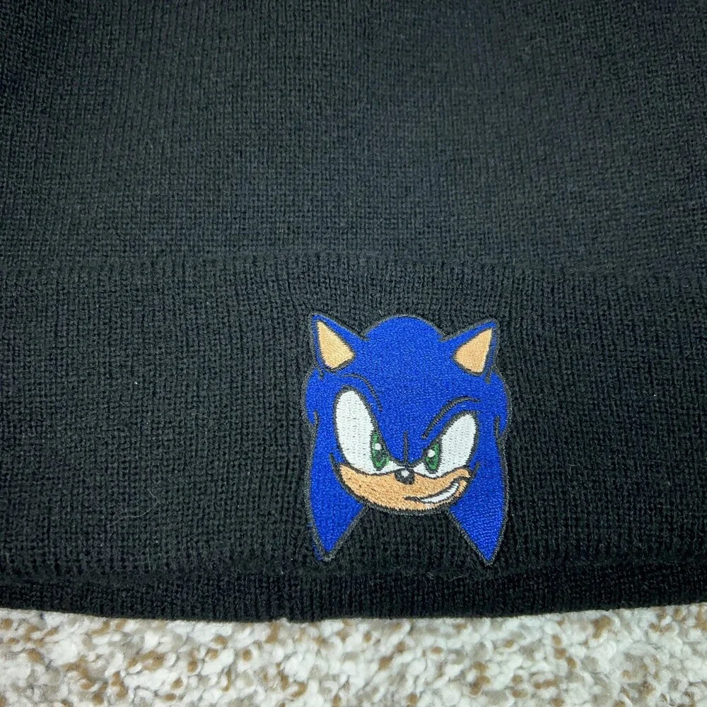 Sonic The Hedgehog Hat Beanie Knit Black Cuffed Patch Graphic Mens One Size SEGA